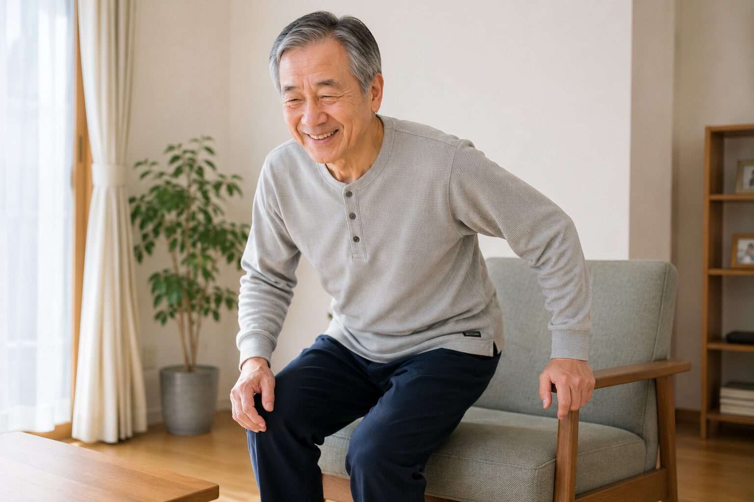 3回目の施術後に歩き始めと立ち上がり動作を確認している様子