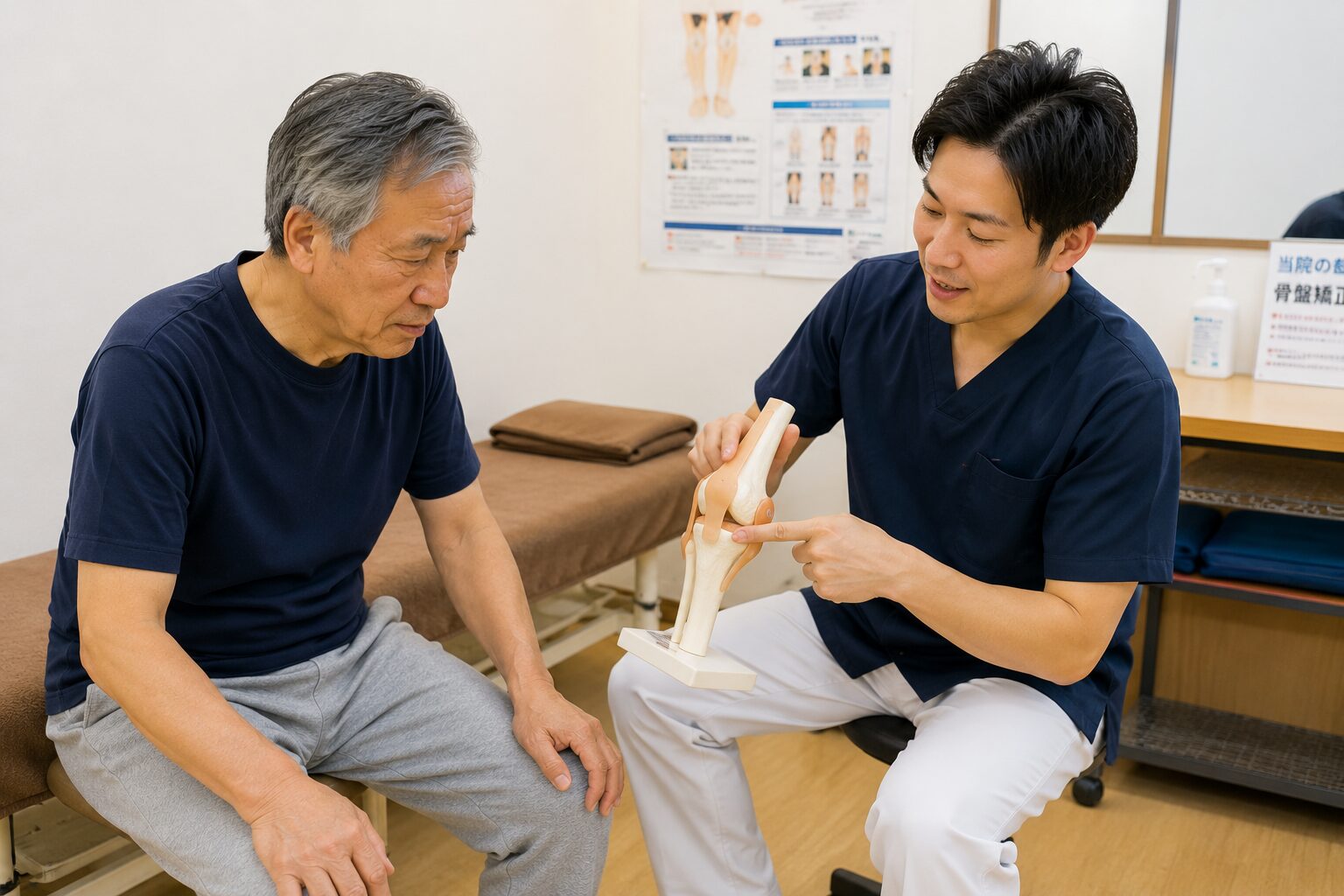 股関節と足首の動きと歩行時の膝のねじれを確認している様子