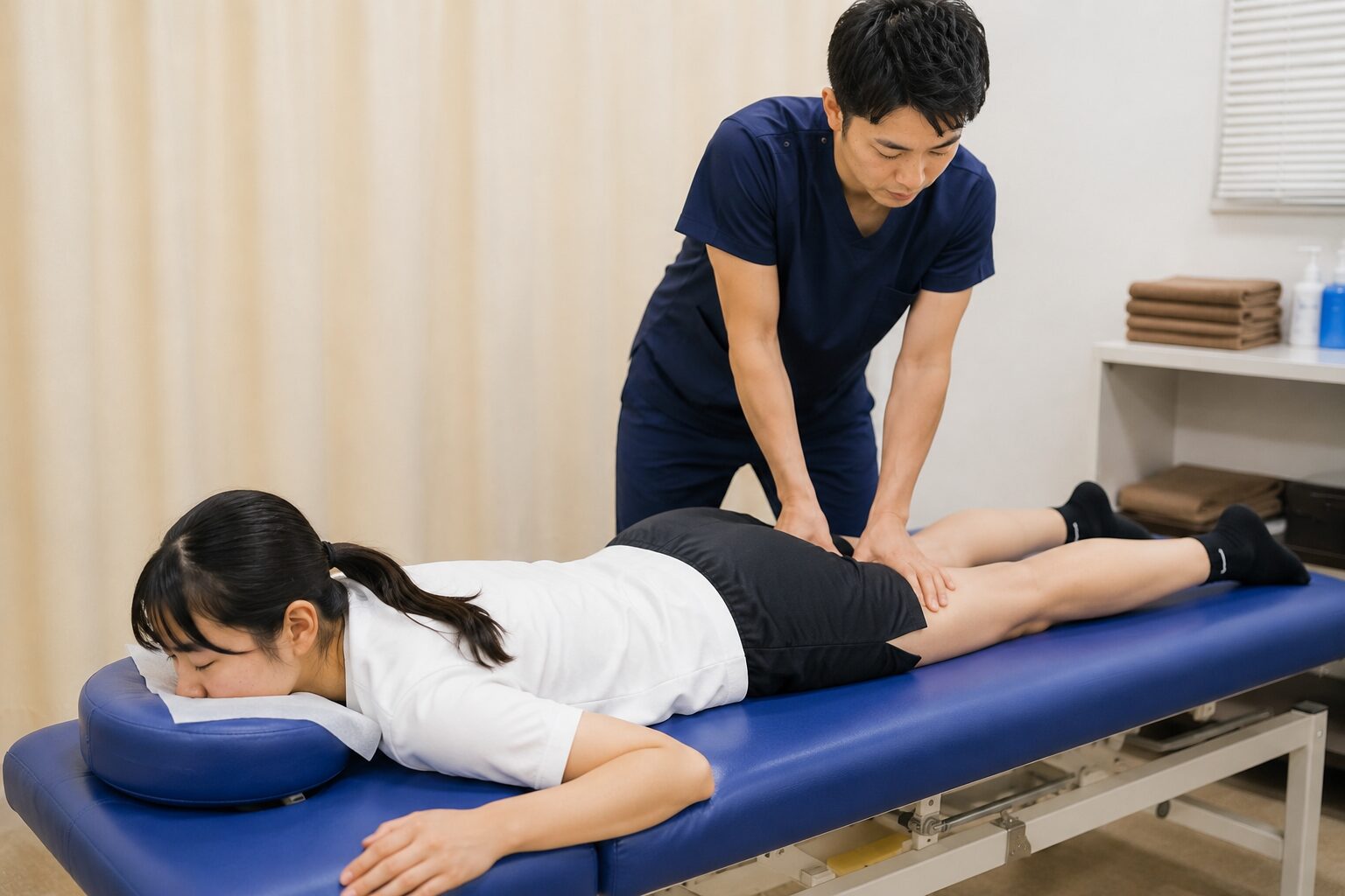 競技復帰に向けて膝や股関節、足首の状態を確認しながら施術を受ける17歳女子高校生