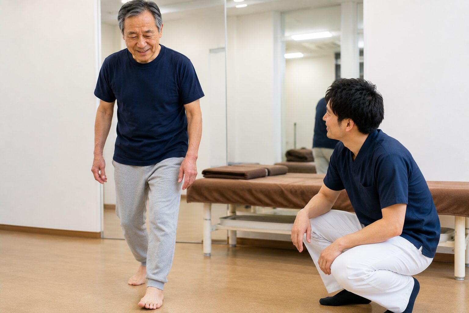 初回施術で膝と股関節と足首の動きを確認している様子