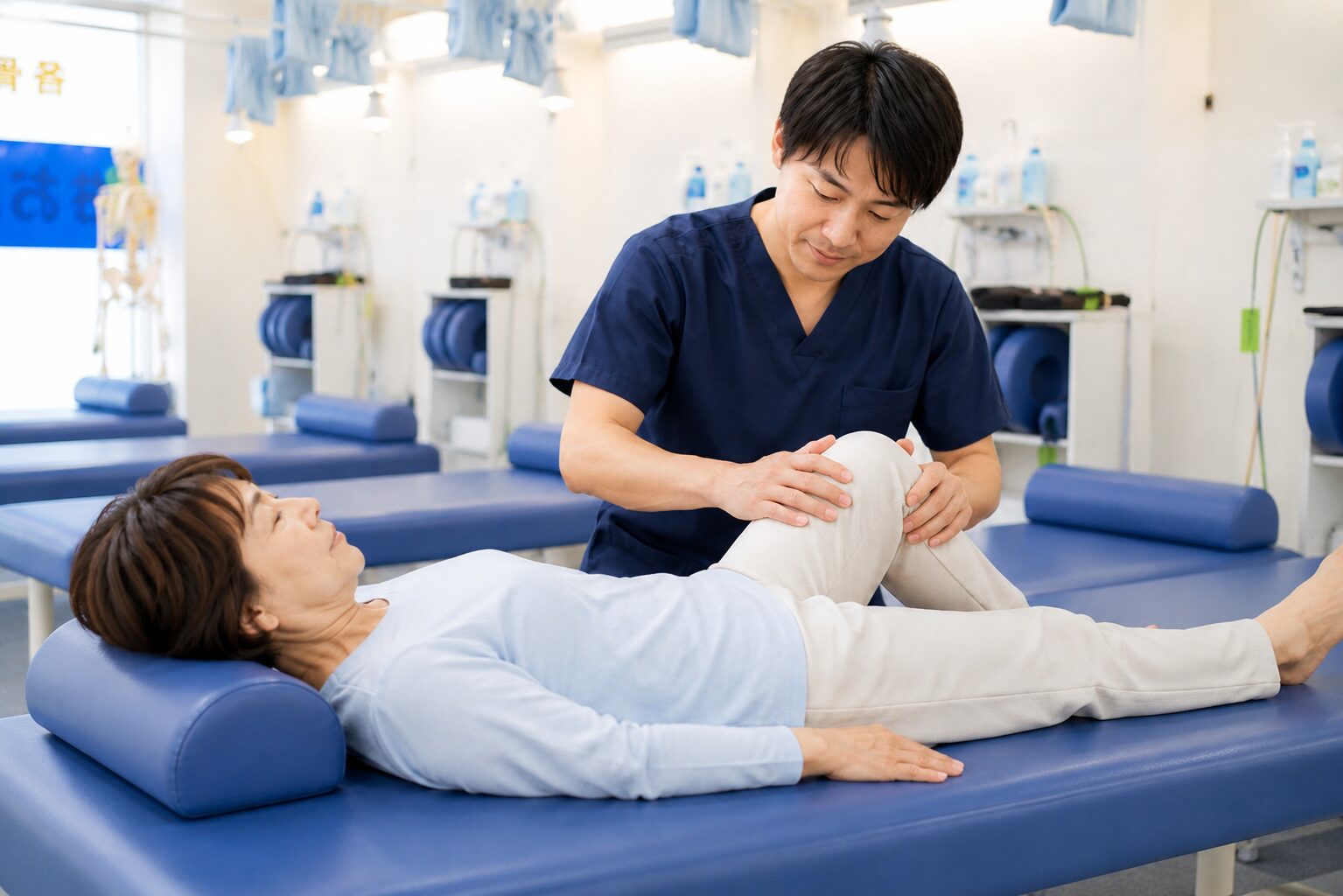 膝の内側の痛みに対して膝と股関節と足首の動きを確認している様子