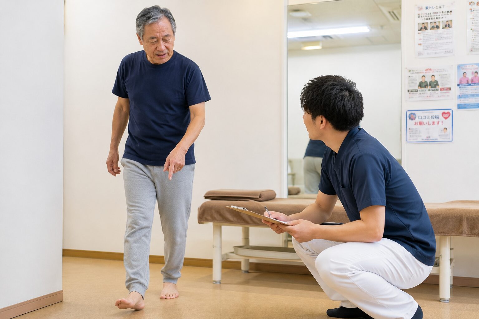 MRIで半月板損傷を指摘された膝の状態について問診と動作確認を行っている様子