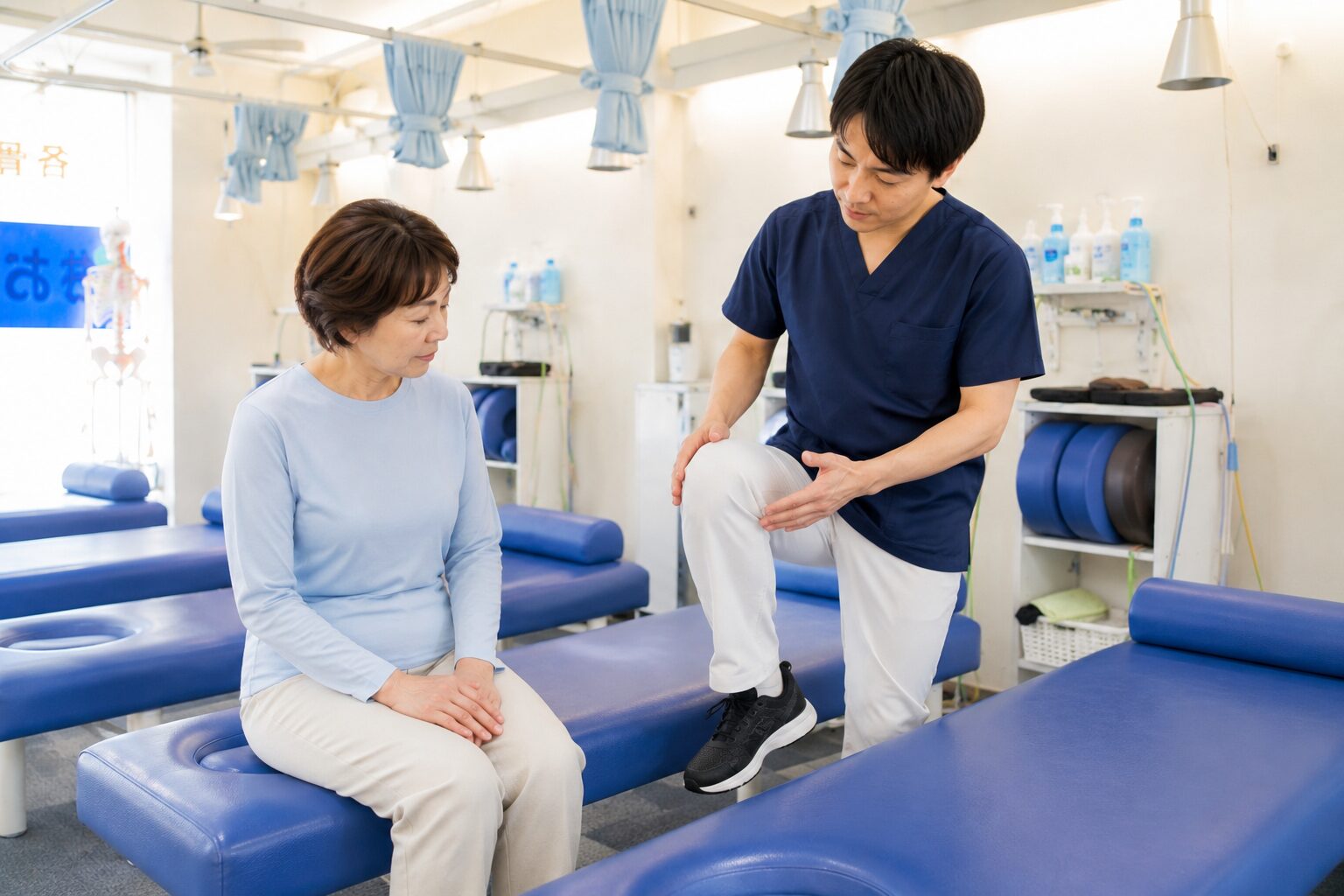膝の内側の痛みに関係する股関節と足首の動きを確認している様子