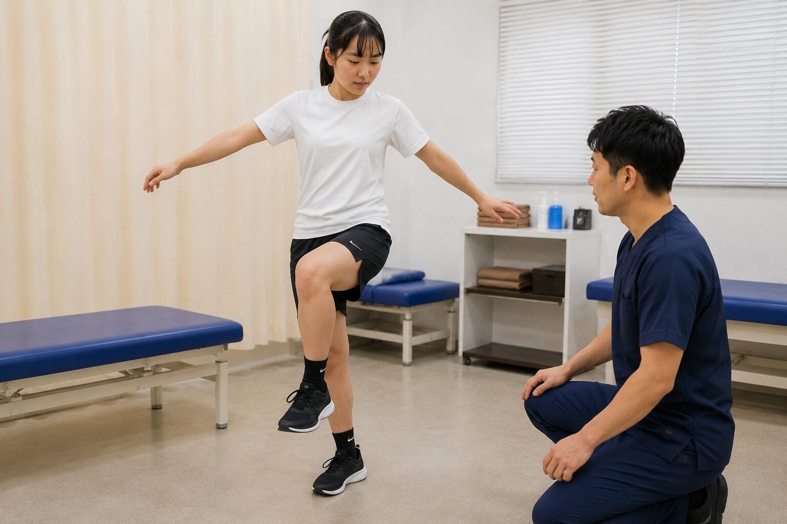 片脚で身体を支える安定性の練習を行っている様子