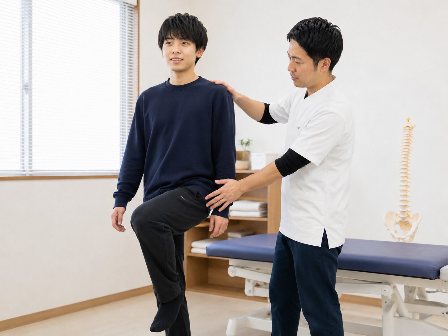 高校生の猫背姿勢と身体の使い方を検査している様子
