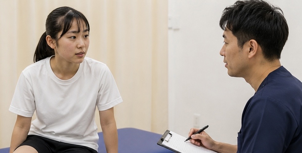 片脚で身体を支えたときの股関節と膝と足首の連動を確認している17歳女子高校生