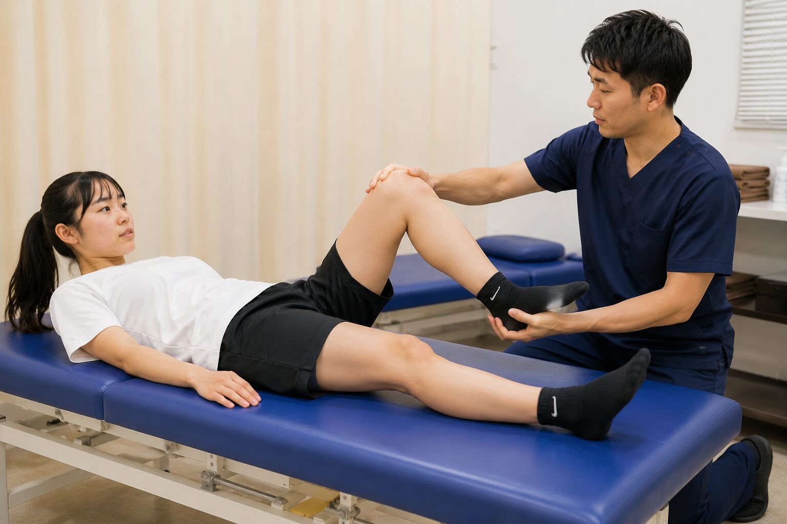 膝の曲げ伸ばしや膝周辺の状態を確認している様子