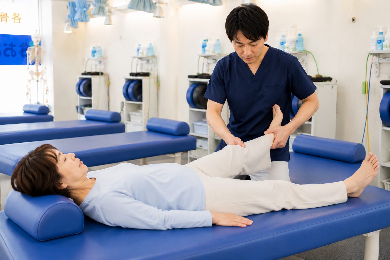 膝の内側の痛みに対して膝と股関節の施術を行っている様子