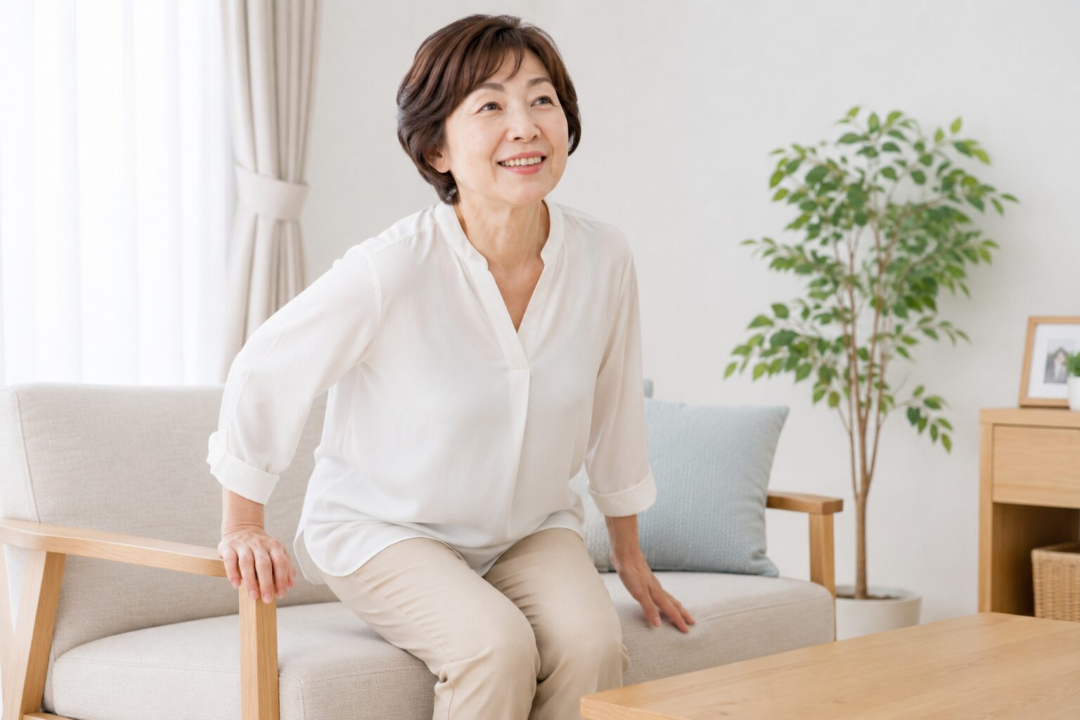 椅子からの立ち上がりと膝やつま先の向きを確認している様子