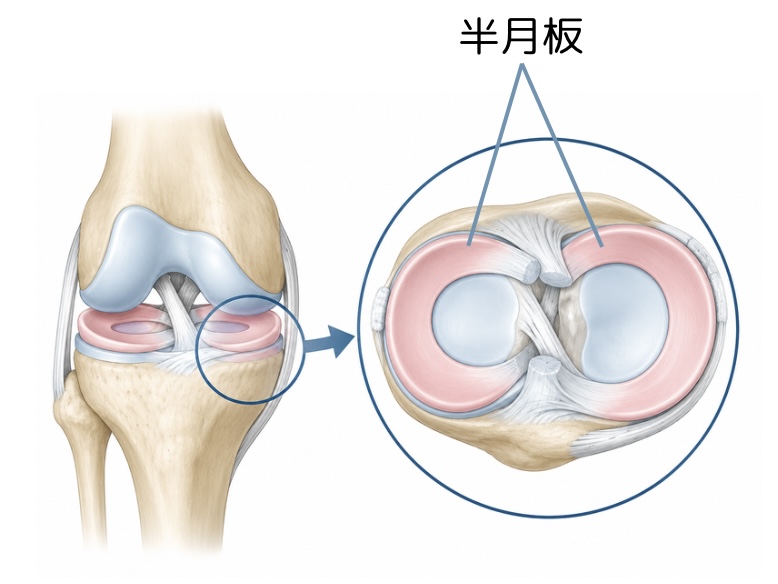 太ももの骨とすねの骨の間にある半月板の位置
