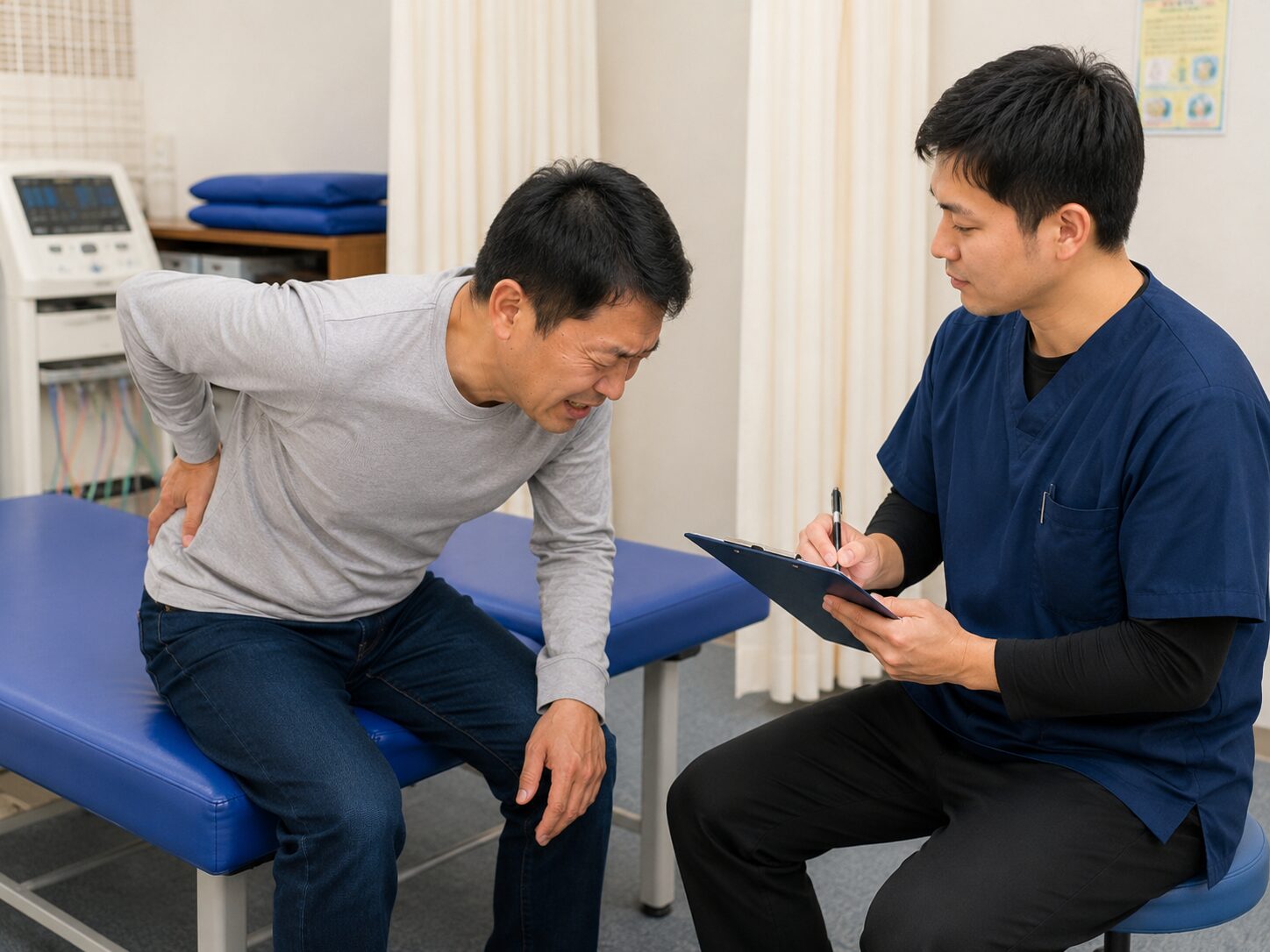 ギックリ腰の患者さまの腰や骨盤、股関節の動きを確認している様子