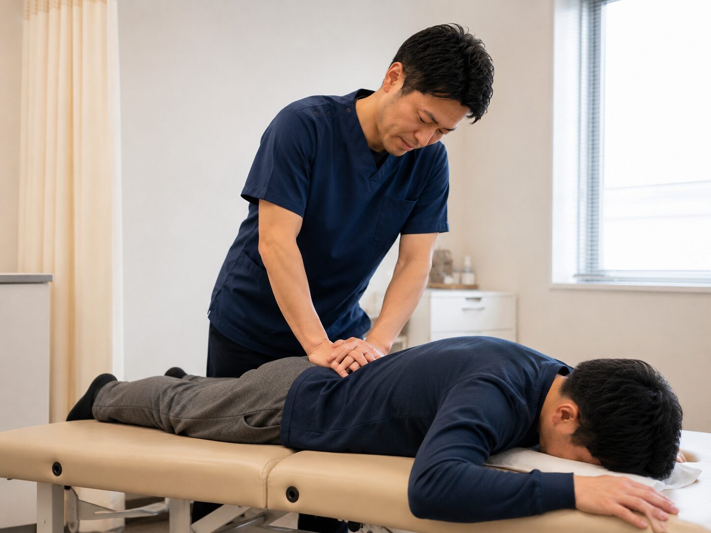 ぎっくり腰の患者様に施術を行っている様子