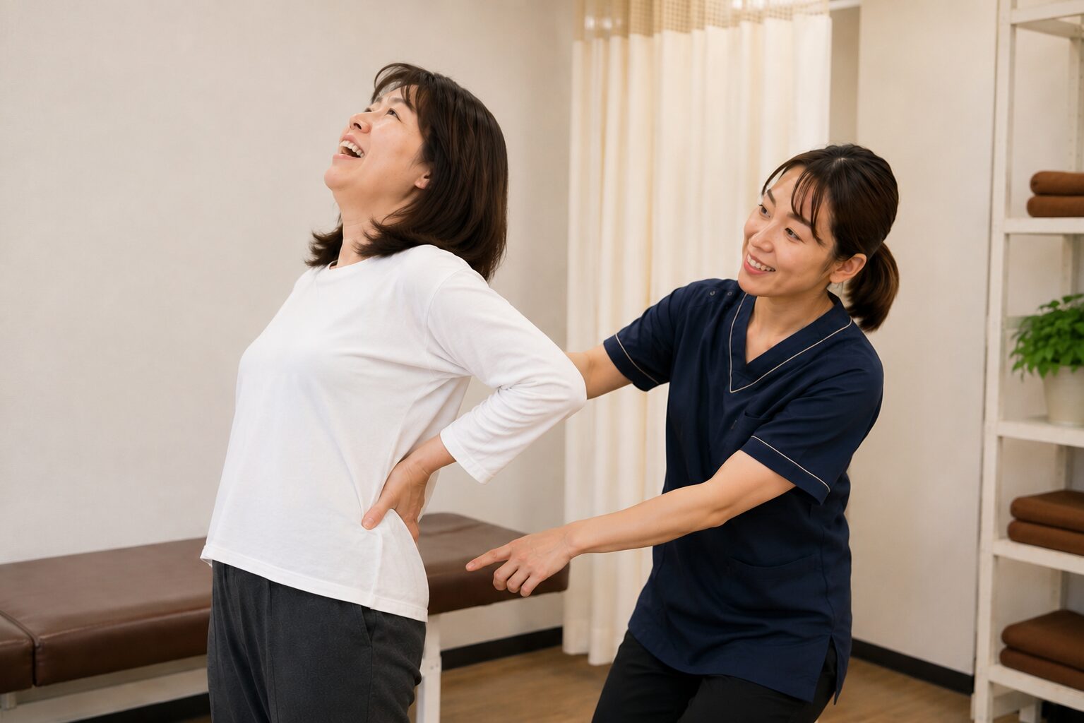 施術後にギックリ腰の患者さまの立位や動作を再確認している様子