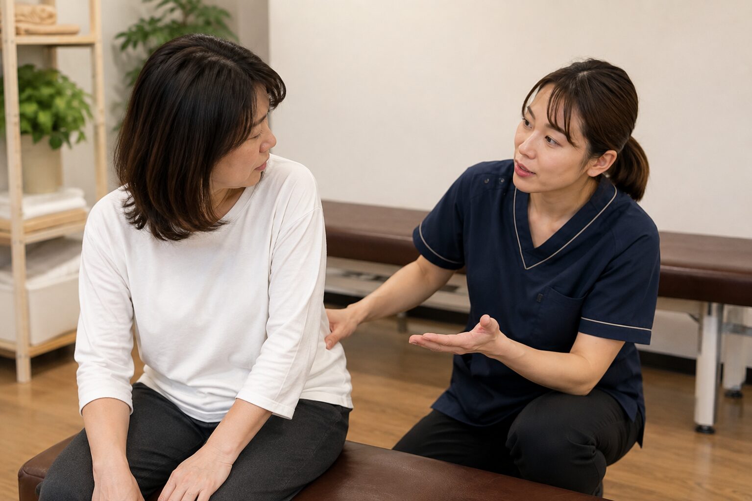 ギックリ腰の患者さまの身体の状態を確認している様子