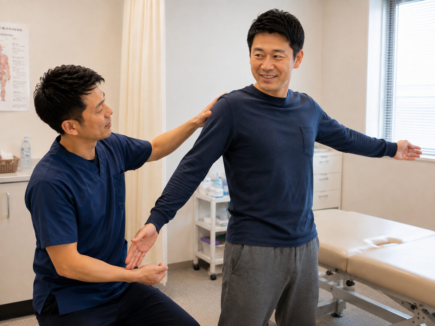 ぎっくり腰の施術後に身体の動きを確認している様子
