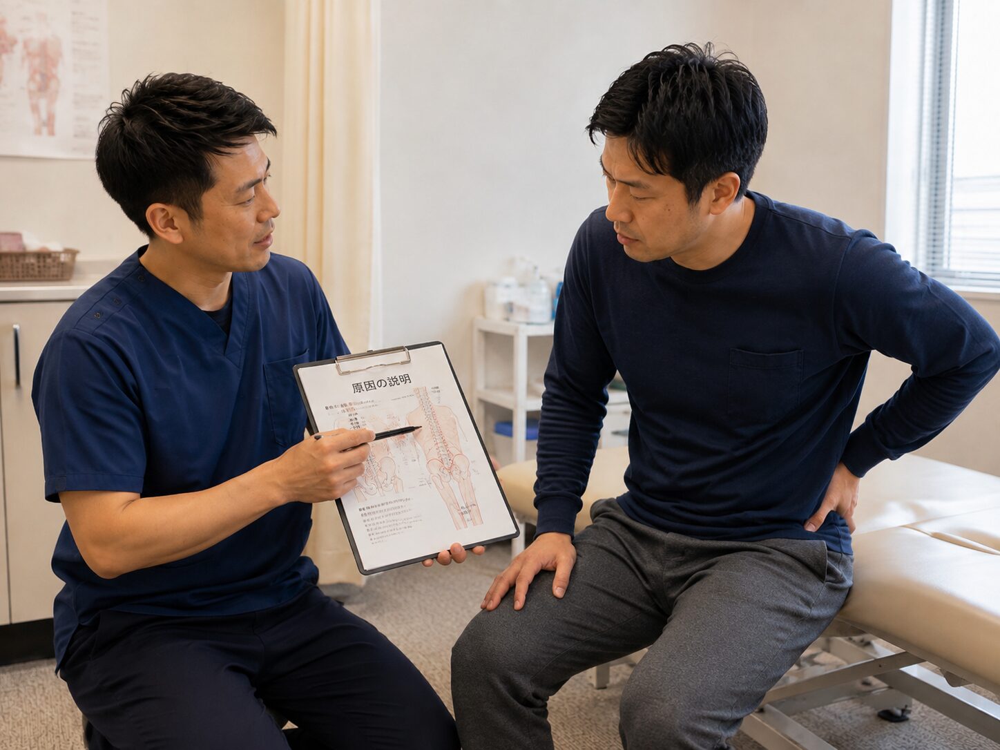 ぎっくり腰の患者様の股関節や腰周辺の状態を確認している様子
