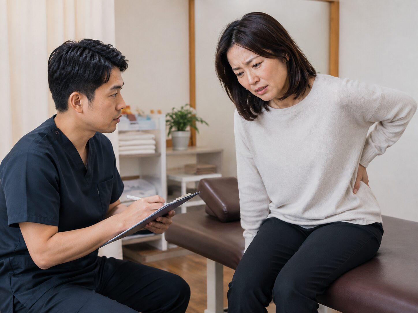 腰痛の原因を確認するため身体全体の状態を検査している様子