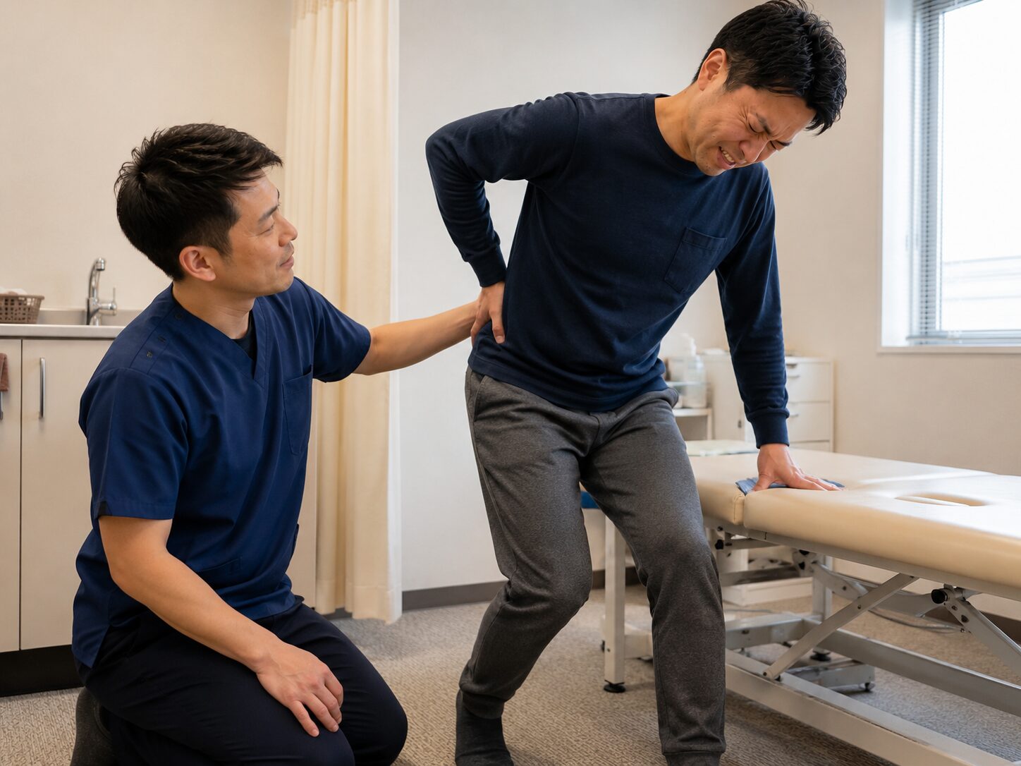 ぎっくり腰の患者様の身体の動きや腰の状態を確認している様子