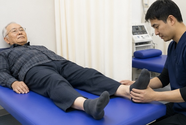 膝の状態や身体の動きを確認している様子
