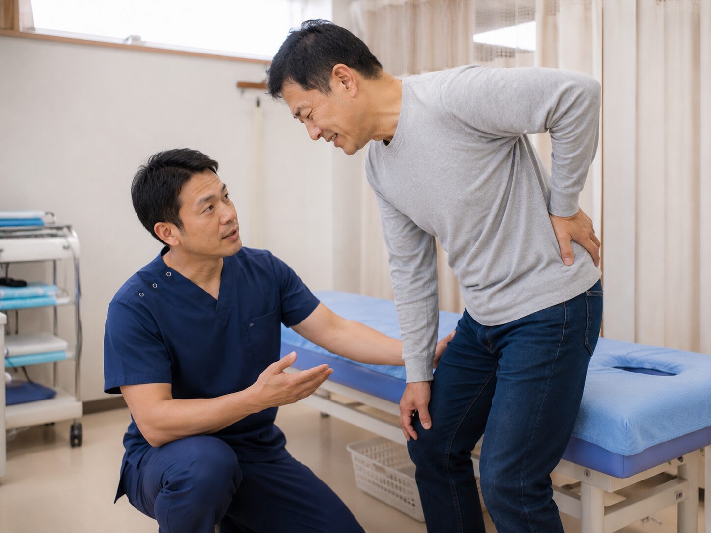 ギックリ腰の患者さまの骨盤や股関節、腰への負担のかかり方を確認している様子