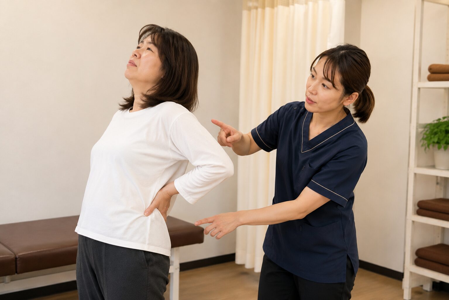 ギックリ腰の患者さまの立位や動作を確認している様子