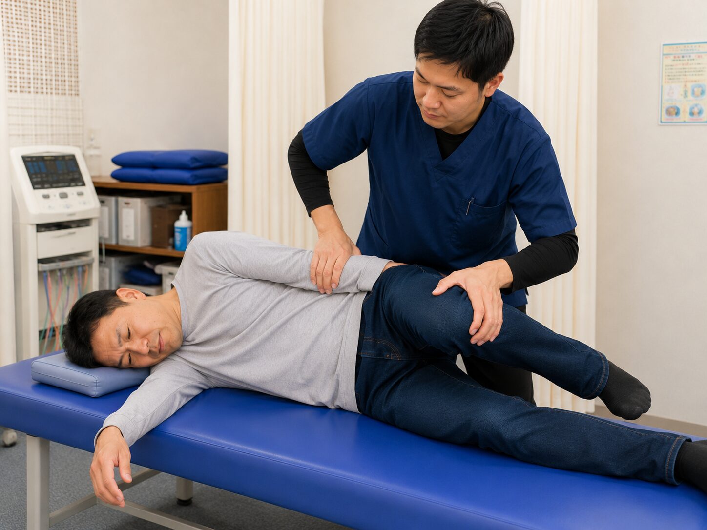 ギックリ腰の患者さまの状態に合わせて無理のない範囲で施術を行っている様子