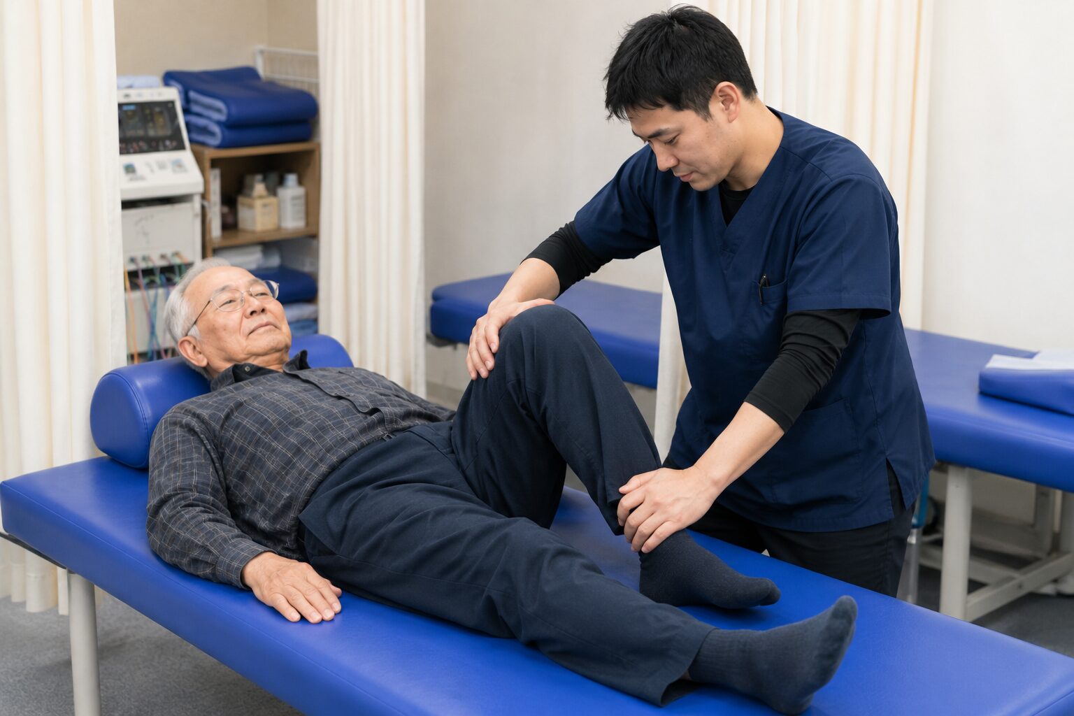 膝の痛みの原因を確認している様子