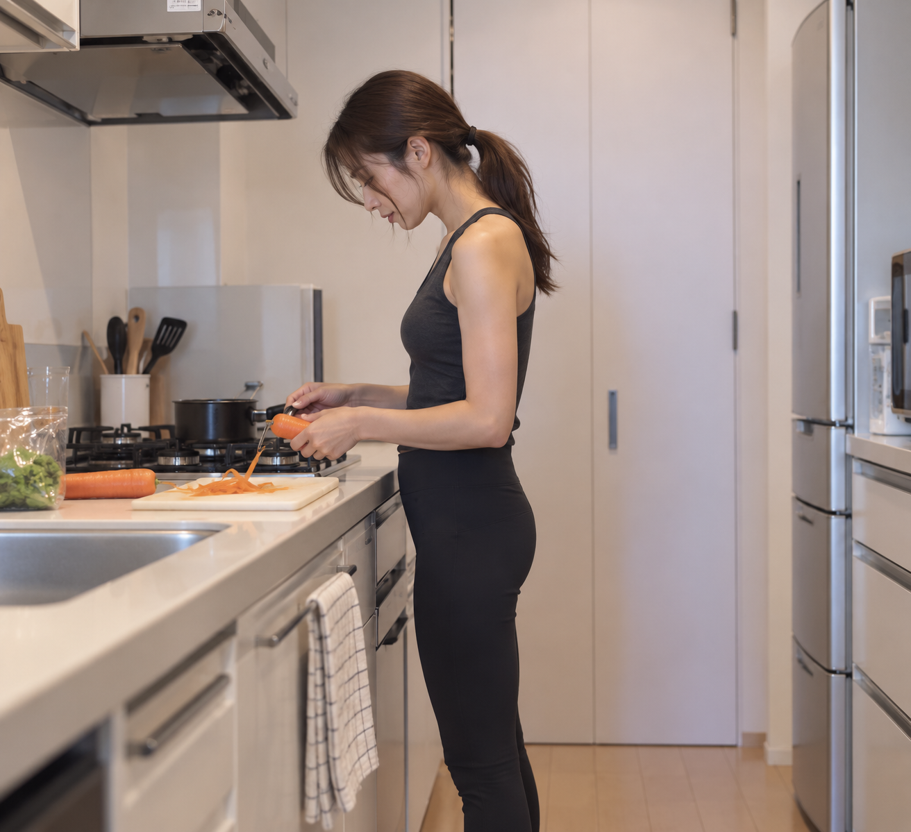 低いキッチンにお腹をつけるようにして料理をする姿勢のイメージ