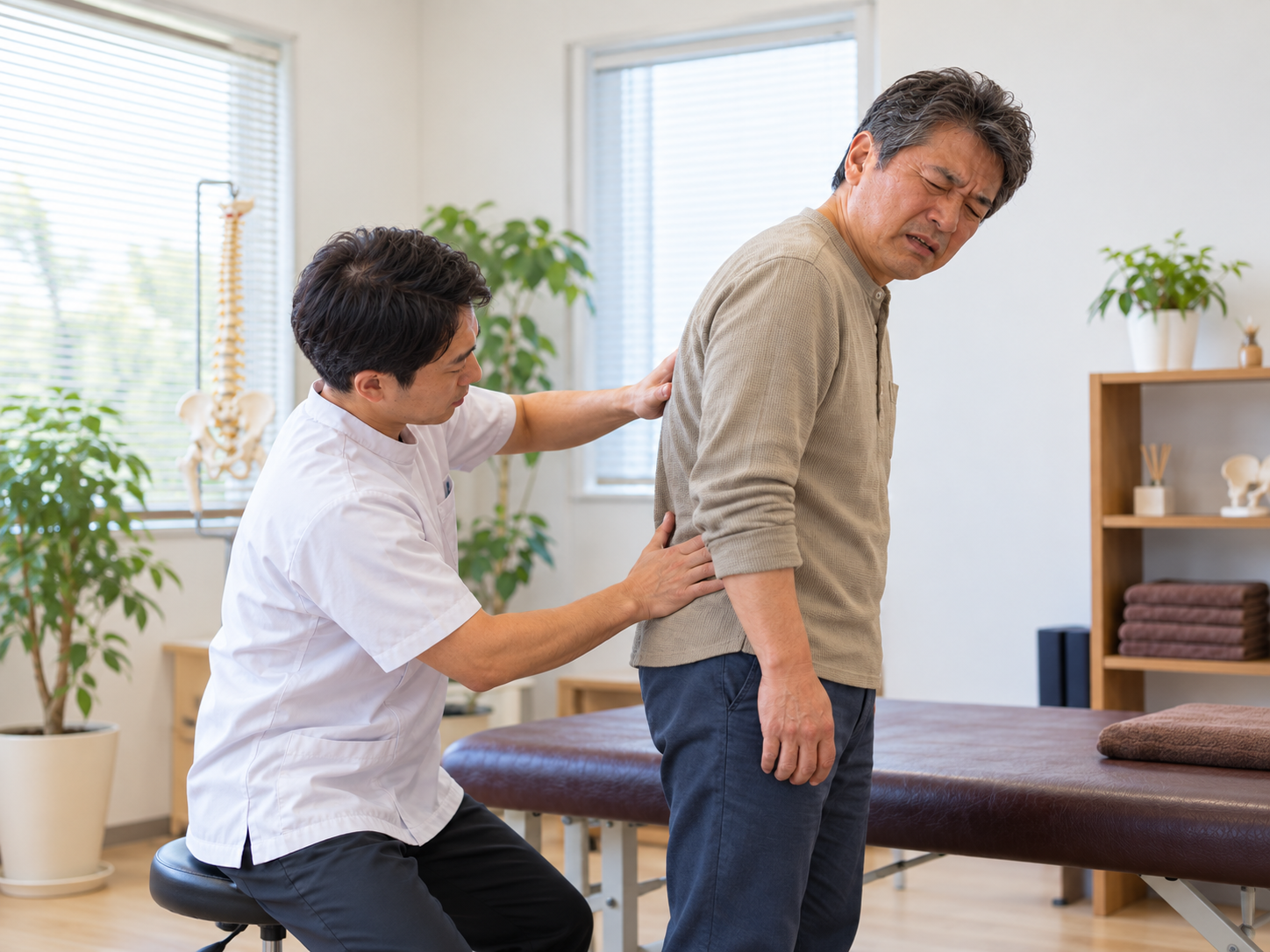 慢性腰痛の状態を確認するために背中から腰、脊椎の動きを検査しているイメージ