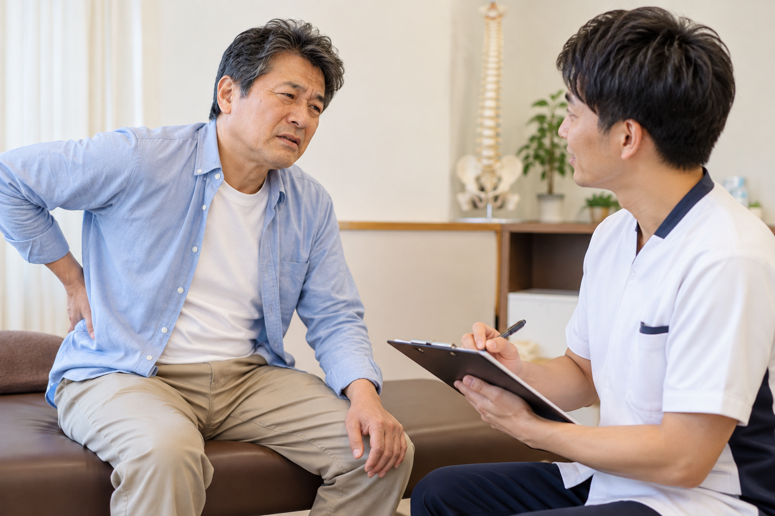 初回に腰の状態と背骨の動きを確認しているイメージ