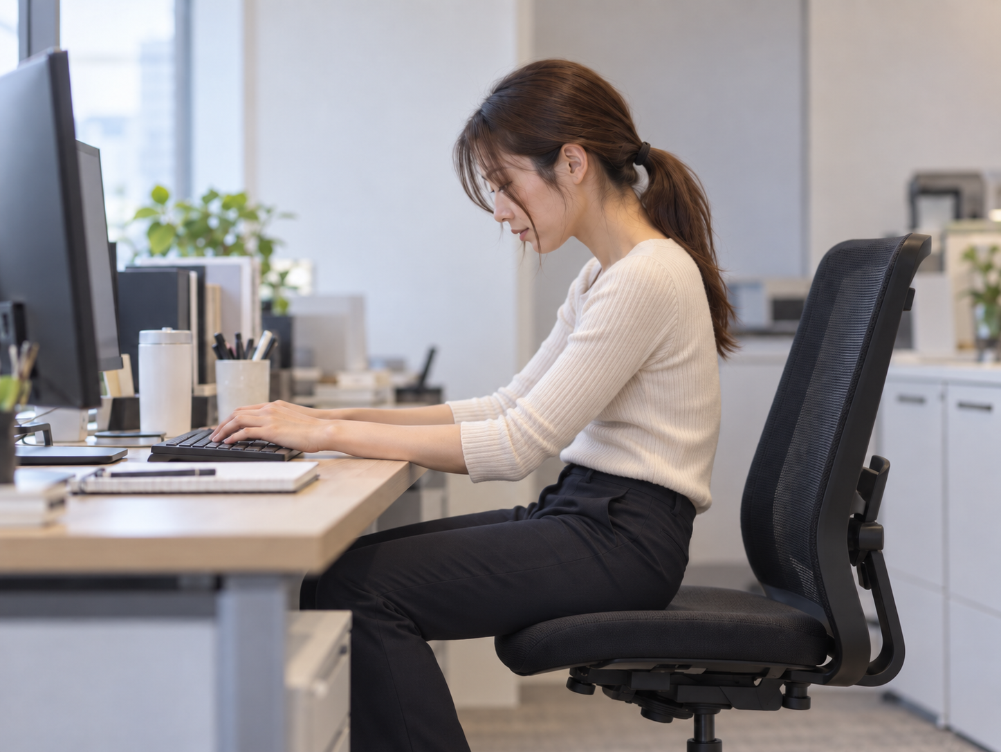椅子へ浅く腰掛けた状態で長時間パソコンに向かう30代女性の姿勢イメージ