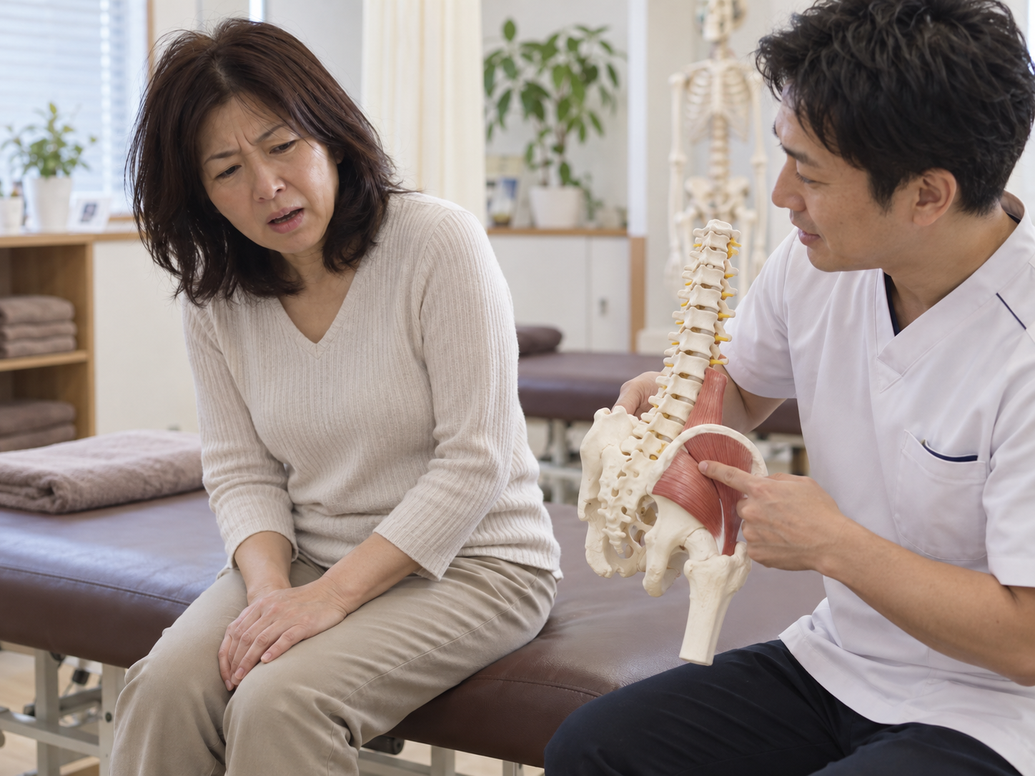 ぎっくり腰に対して臀部・股関節・骨盤周囲の状態を確認しながら施術している様子