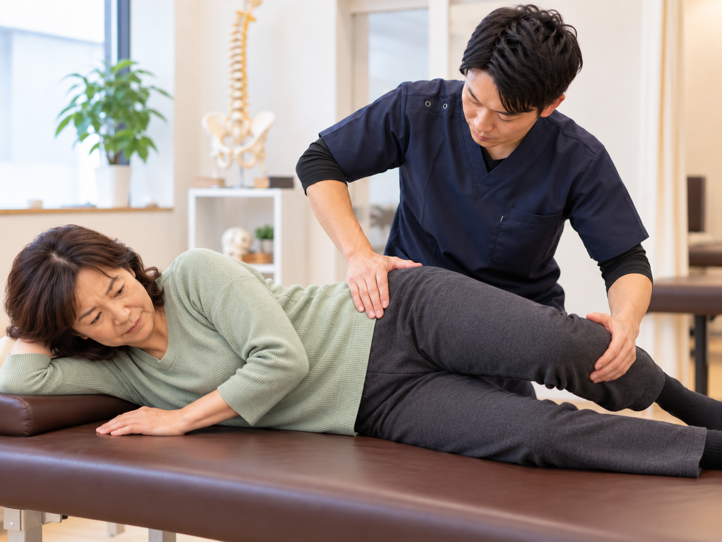 整骨院で施術後の座り姿勢や身体の状態を確認する50代女性のイメージ