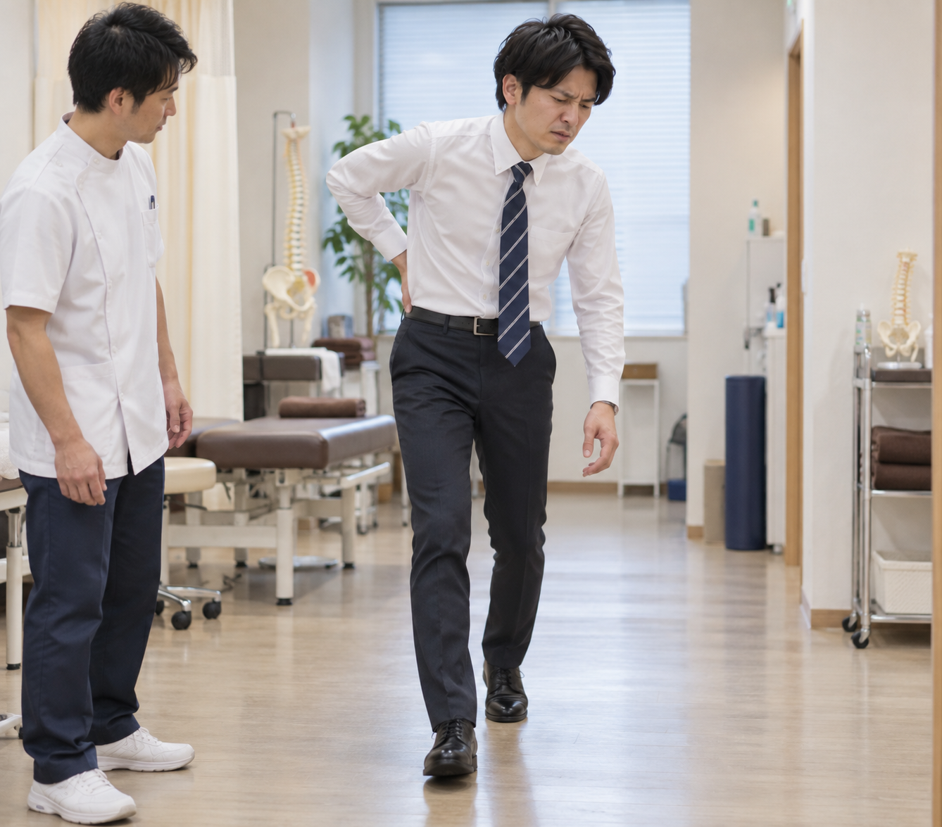 ぎっくり腰で腰をかばいながら歩いている来院時の様子