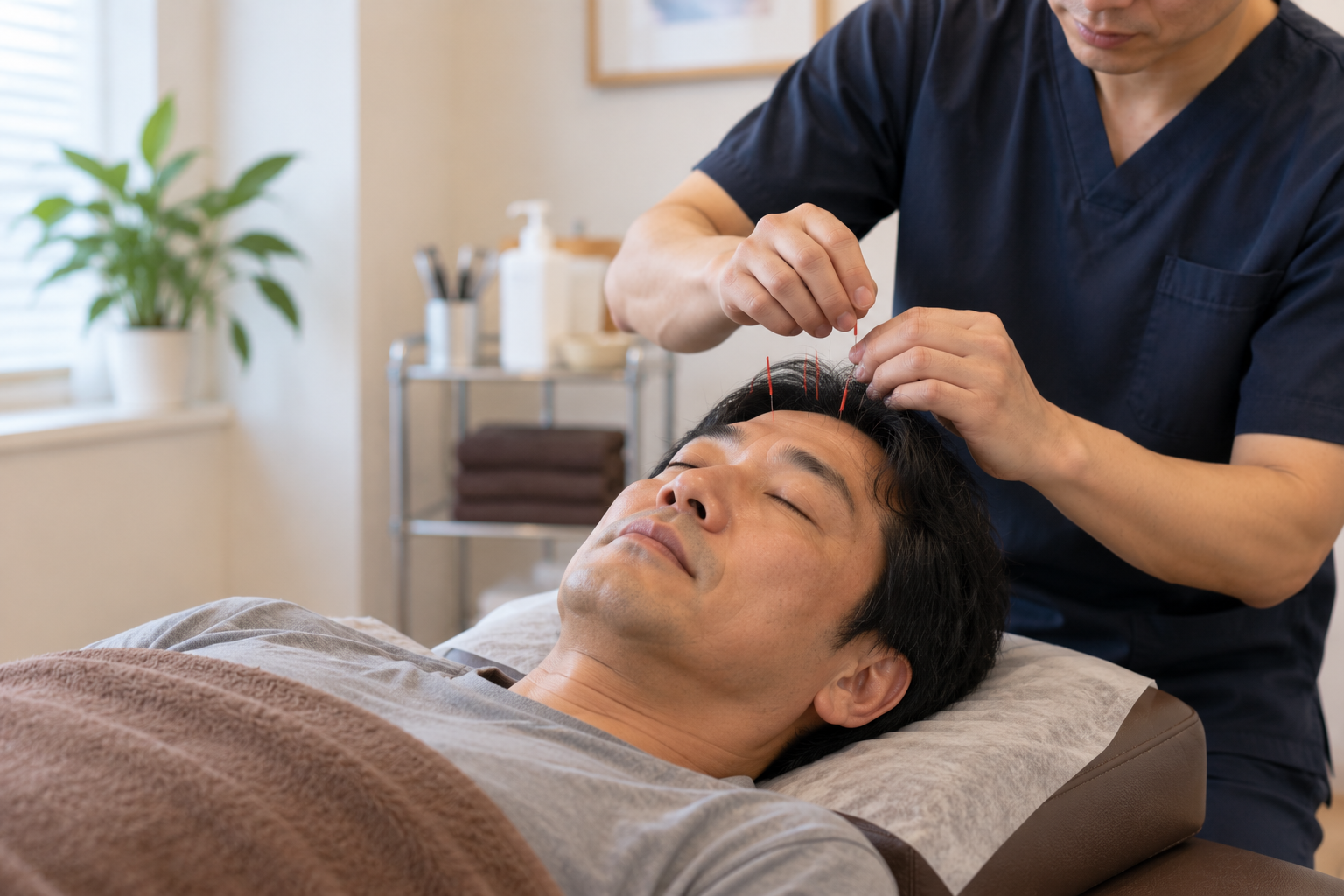 40代男性が整体と脳天の鍼を受けている施術中のイメージ