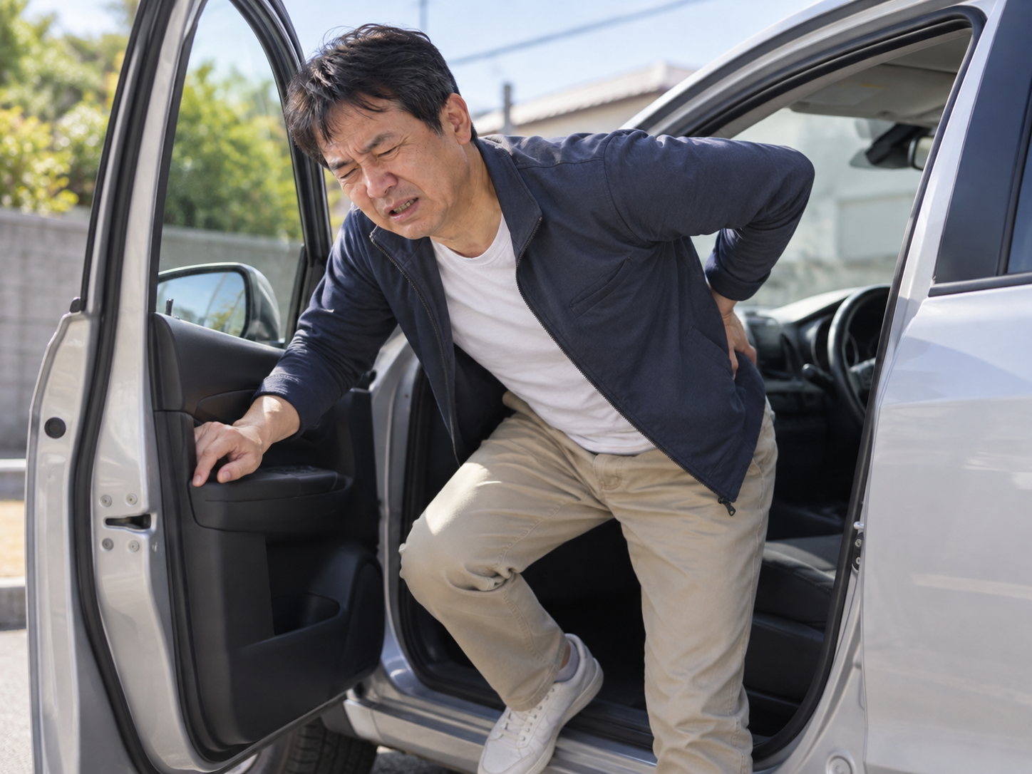 ぎっくり腰で車から降りる動作がつらい患者さまのイメージ