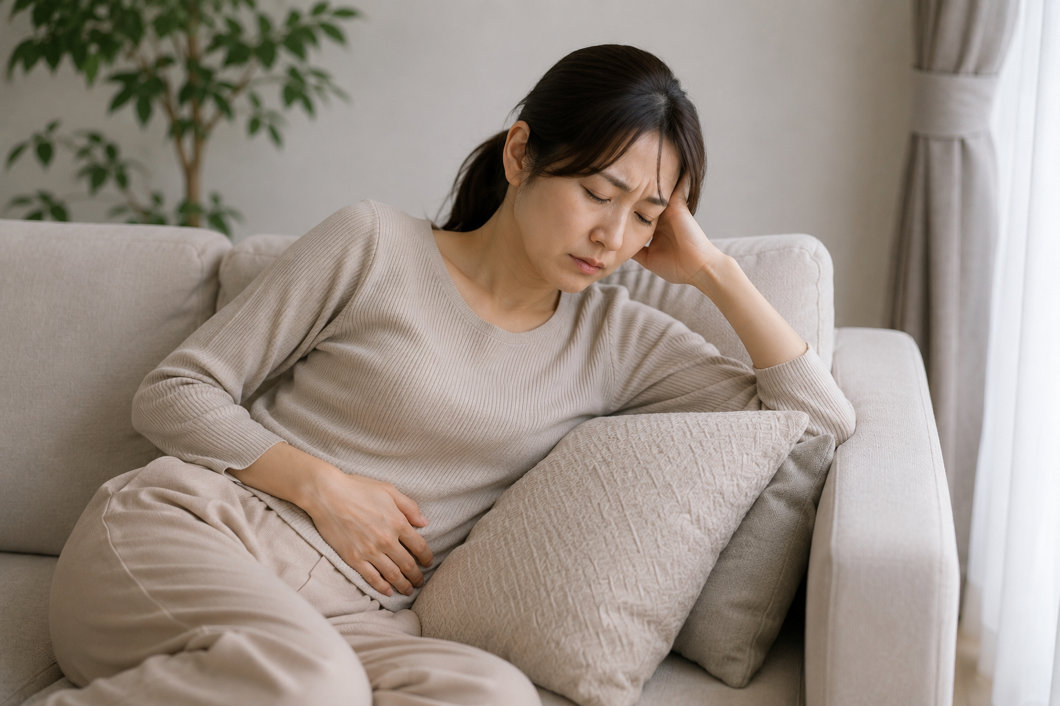 生理期間中の痛みや身体の重さを感じている女性のイメージ