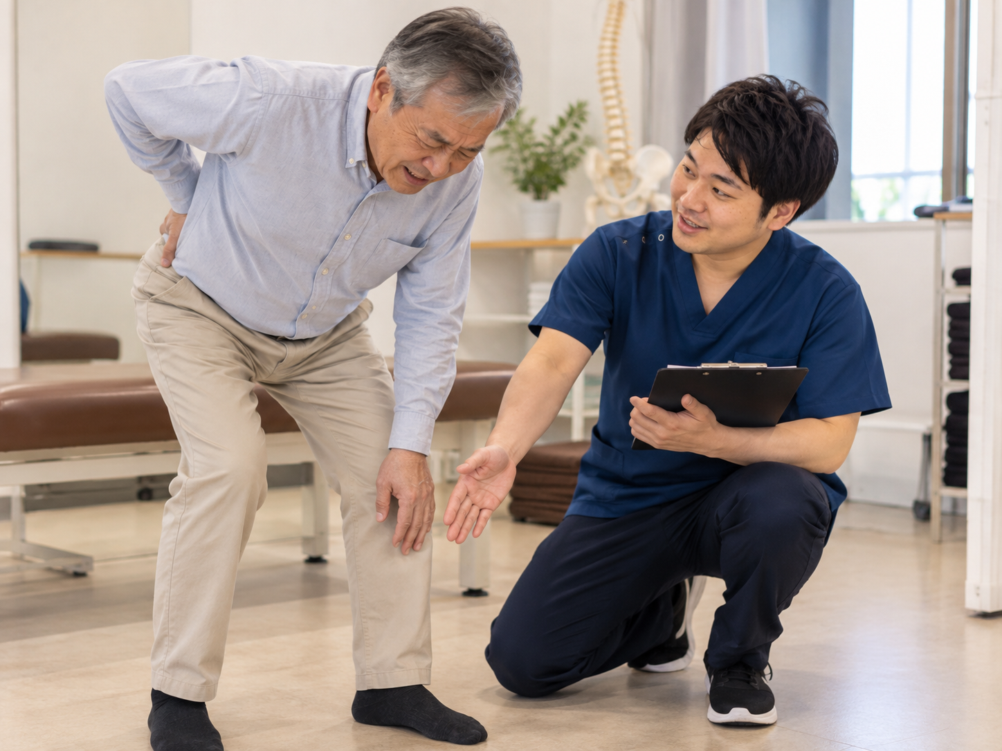 ぎっくり腰の60代男性に対して股関節や骨盤、腰周囲の筋肉や組織を確認している施術前評価のイメージ