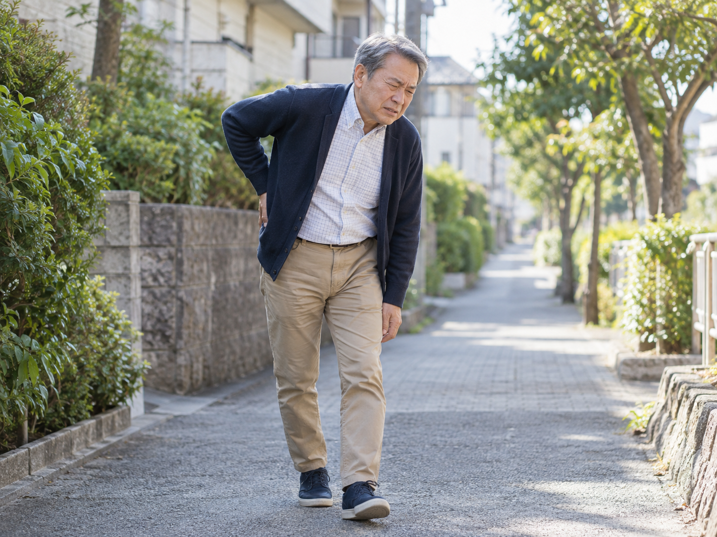 歩行時の腰の痛みに悩む60代男性のイメージ