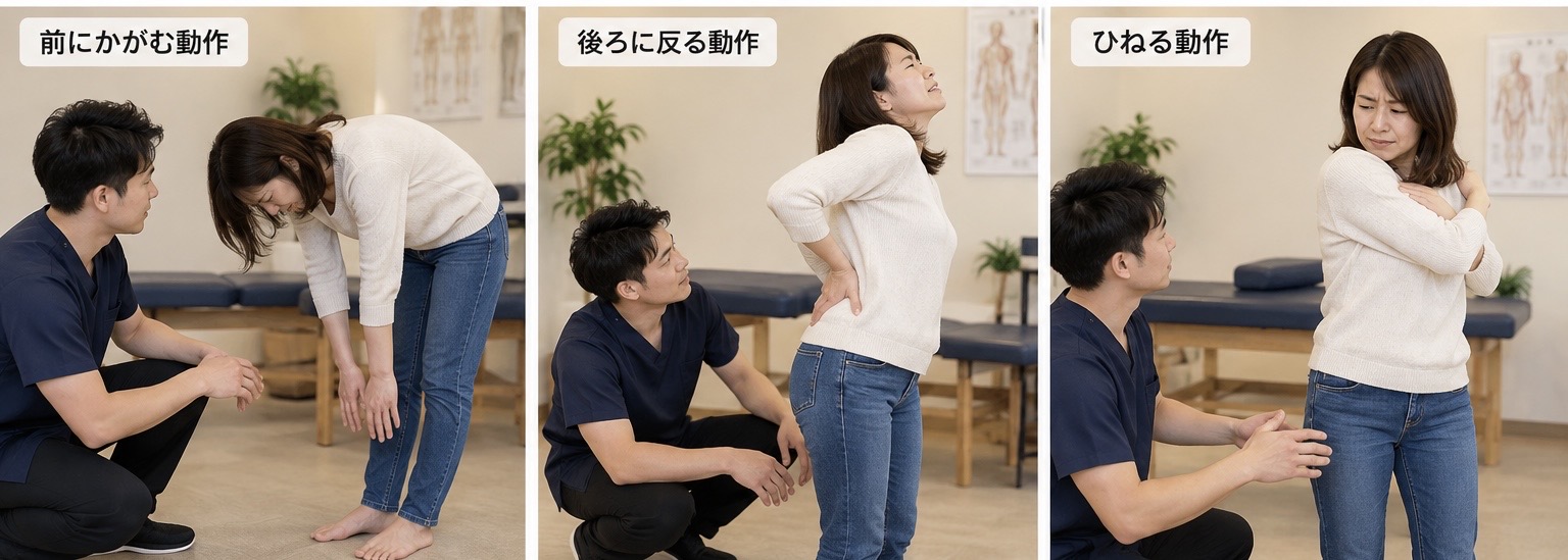 ぎっくり腰の原因分析として複数の身体の動きを確認しているイメージ