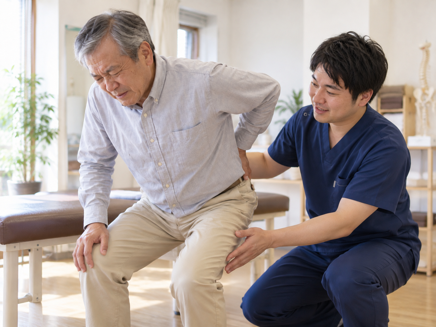 ぎっくり腰で来院した60代男性の股関節や骨盤、腰まわりの動きを確認している検査イメージ