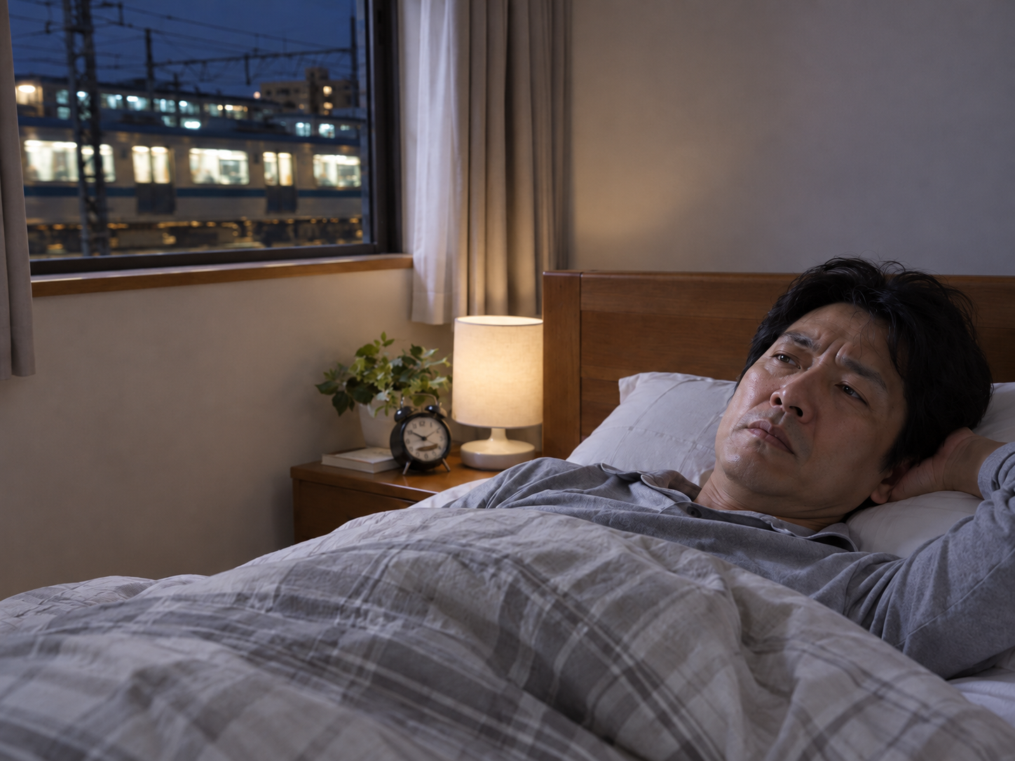 夜になっても電車の音が気になり眠れず悩んでいる40代男性のイメージ
