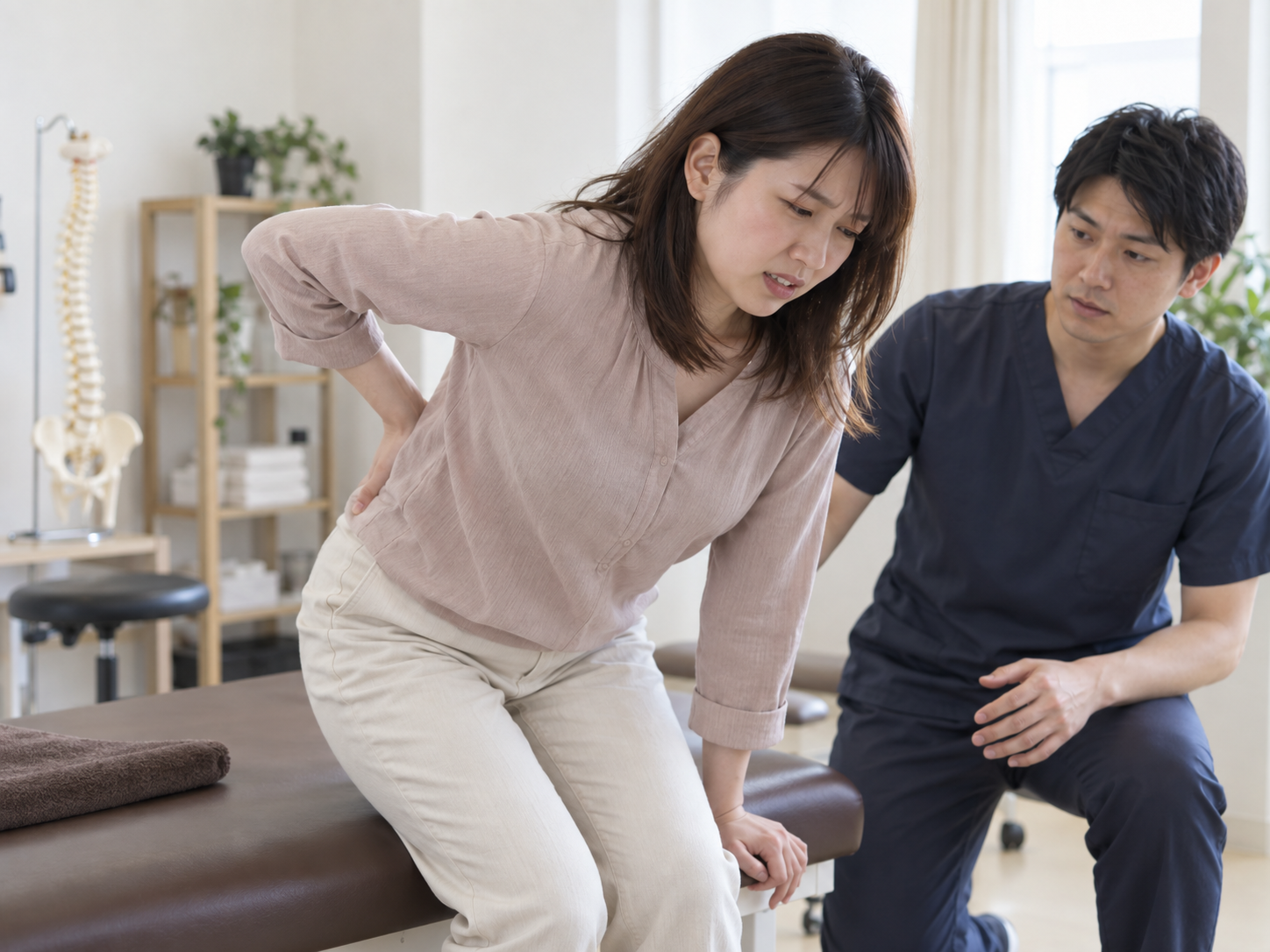 整骨院で立ち上がりや歩行動作を確認している20代女性のイメージ
