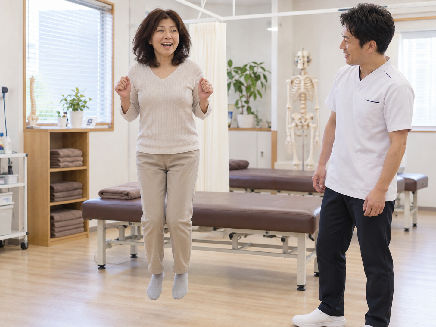 ぎっくり腰の施術後にジャンプ動作を確認している50代女性の様子