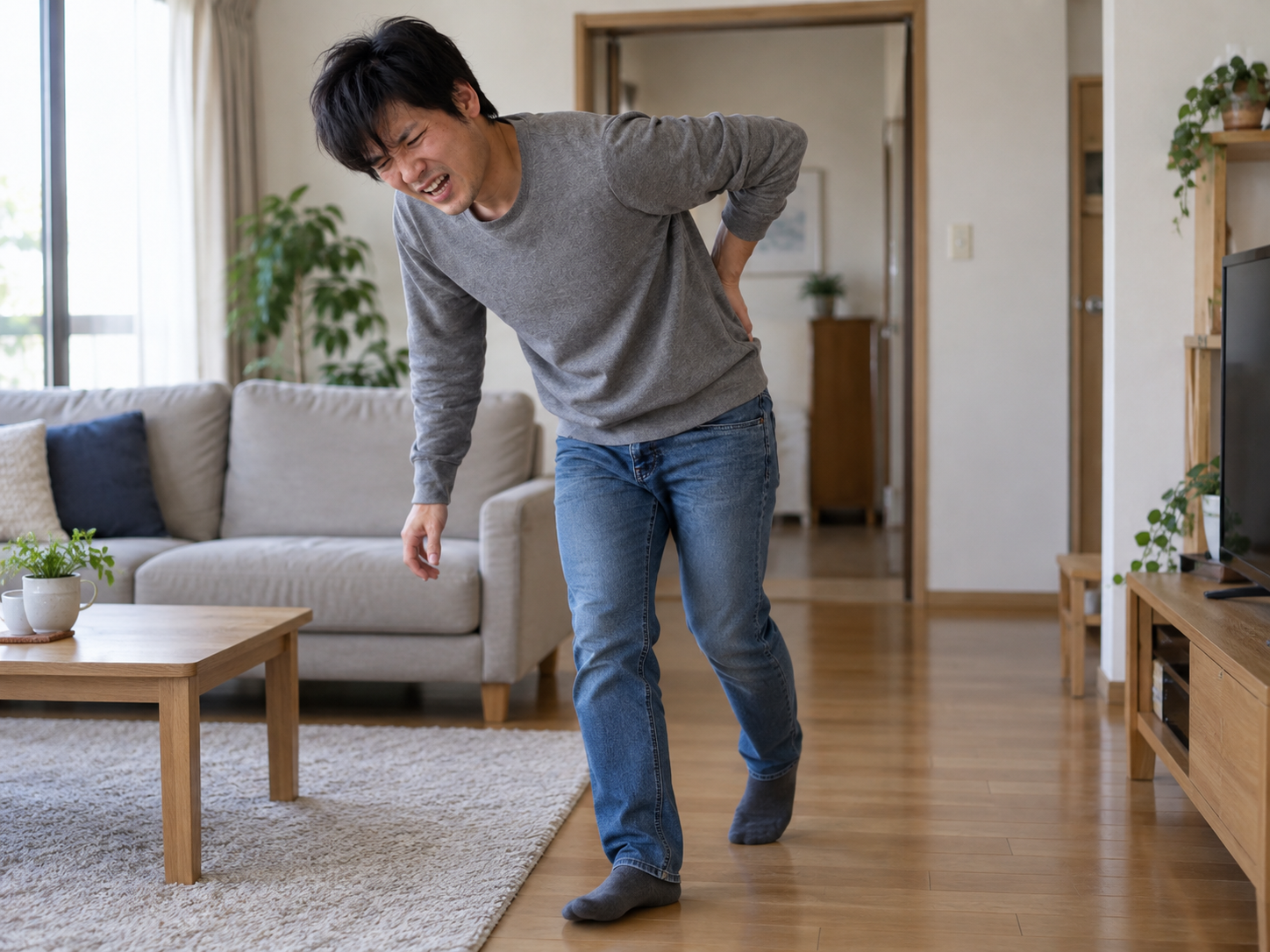 ぎっくり腰の痛みを避けるため前かがみになり身体を固めて歩く20代男性のイメージ