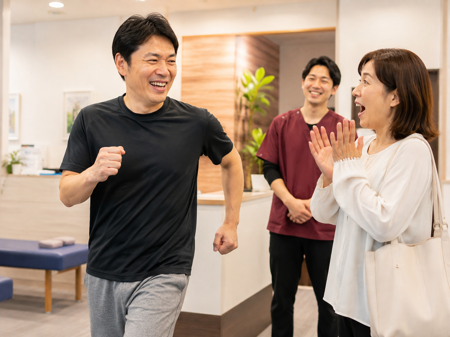 ぎっくり腰の施術後に身体の動きを確認している様子
