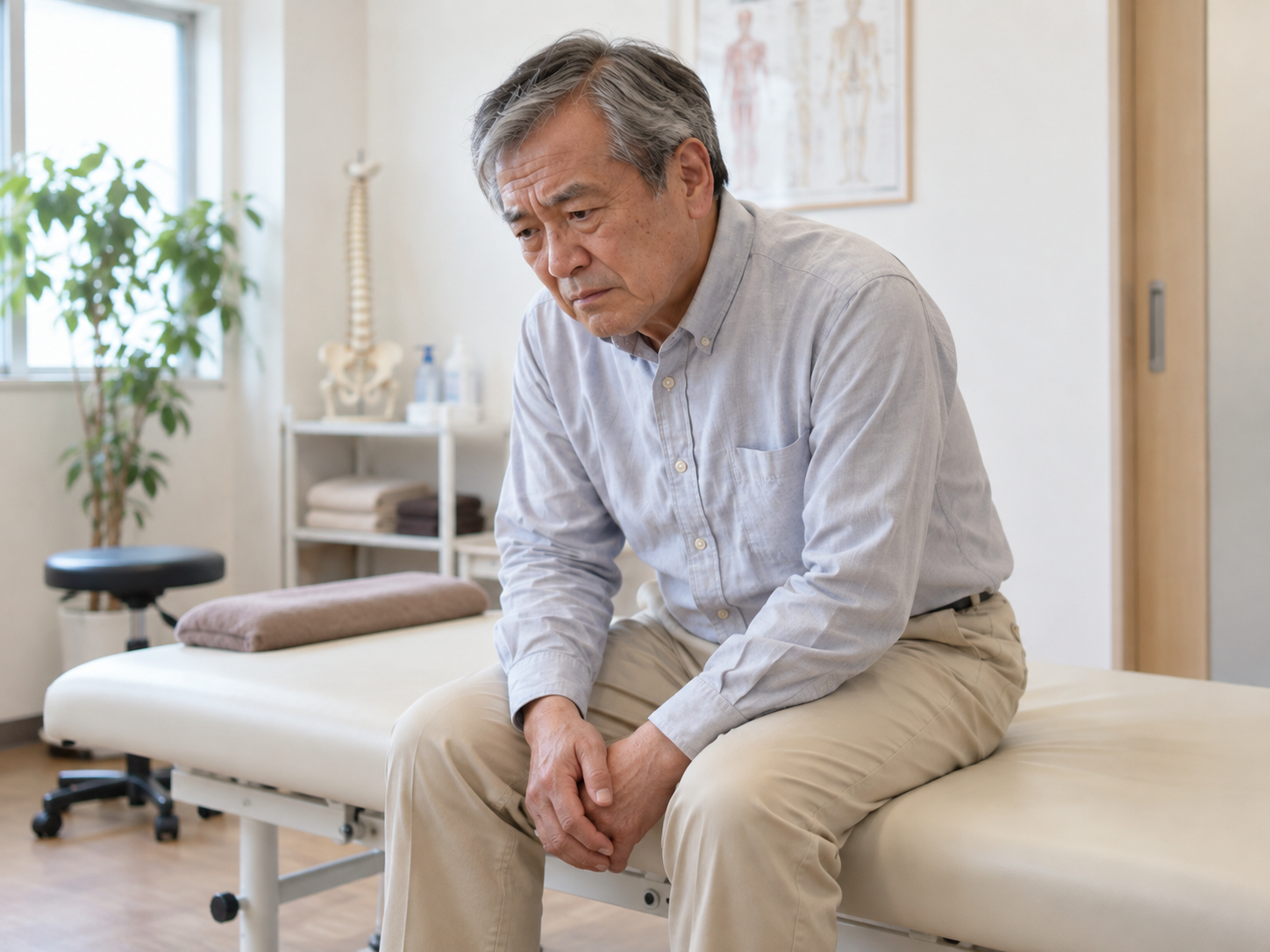 ぎっくり腰が良くなるのか不安を感じている60代男性のイメージ