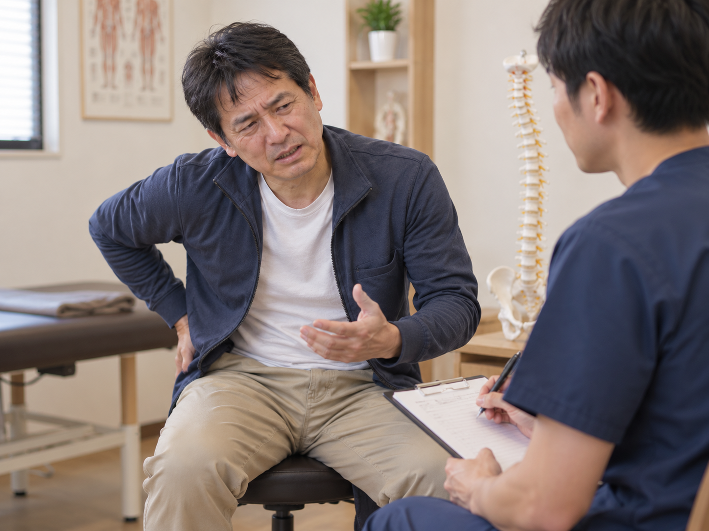 長時間のデスクワークで腰がつらい様子