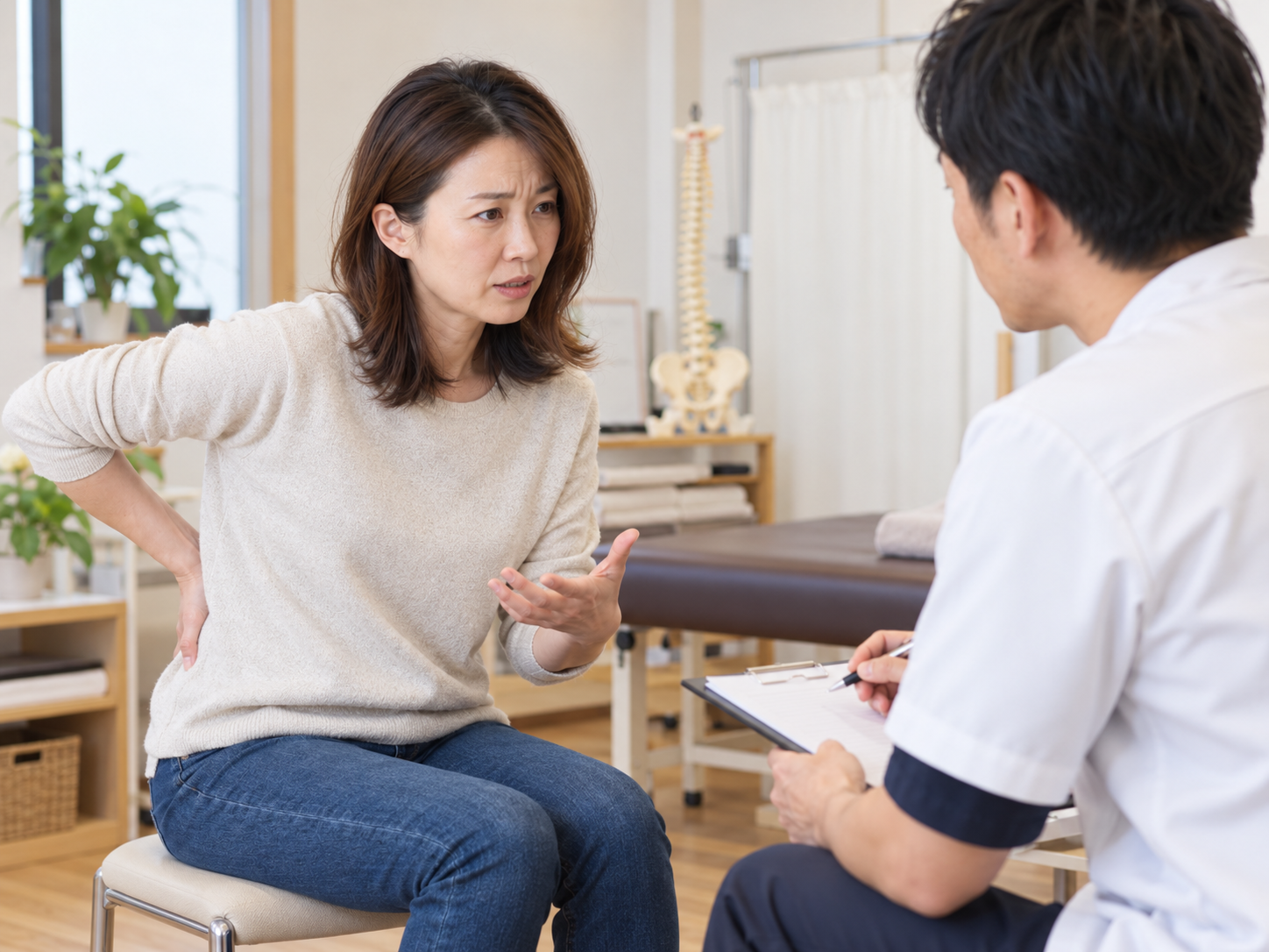 ぎっくり腰で来院された40代女性への問診・検査のイメージ
