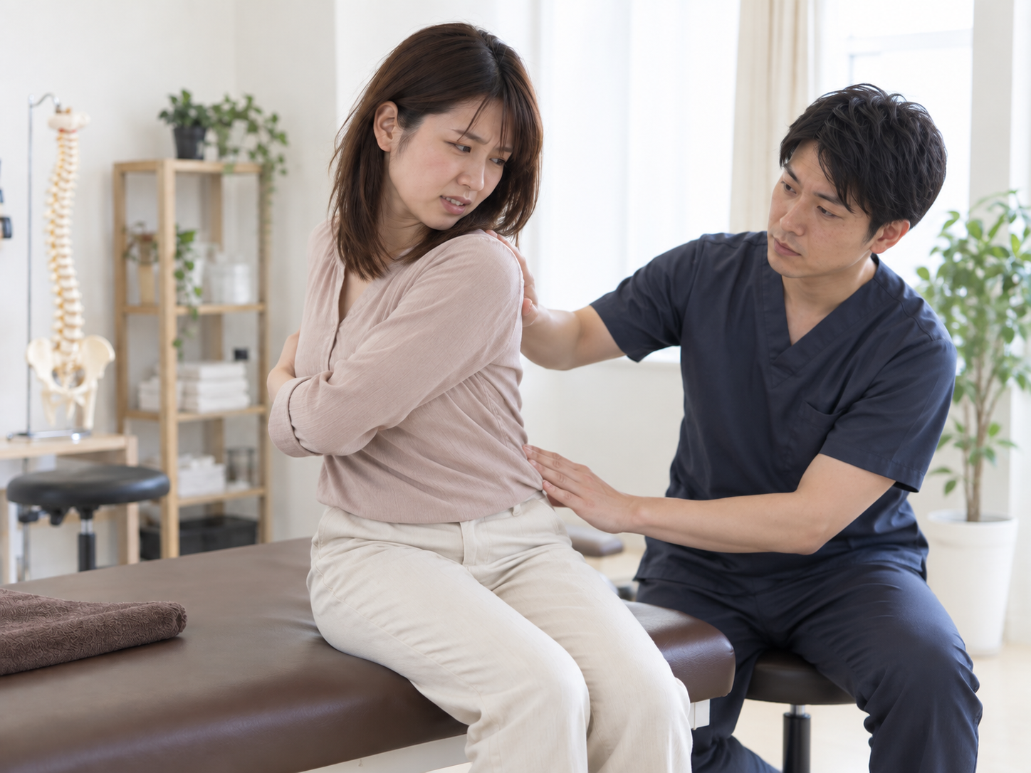 整骨院で身体をひねる動作や歩行時の身体の使い方を確認している20代女性のイメージ